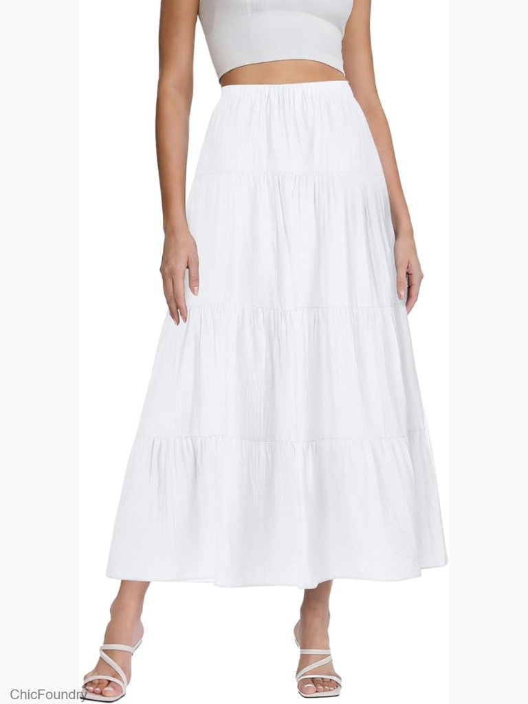 Maxi Skirt High Waist Elastic A-Line Pleated Flowy Tiered Lined Summer